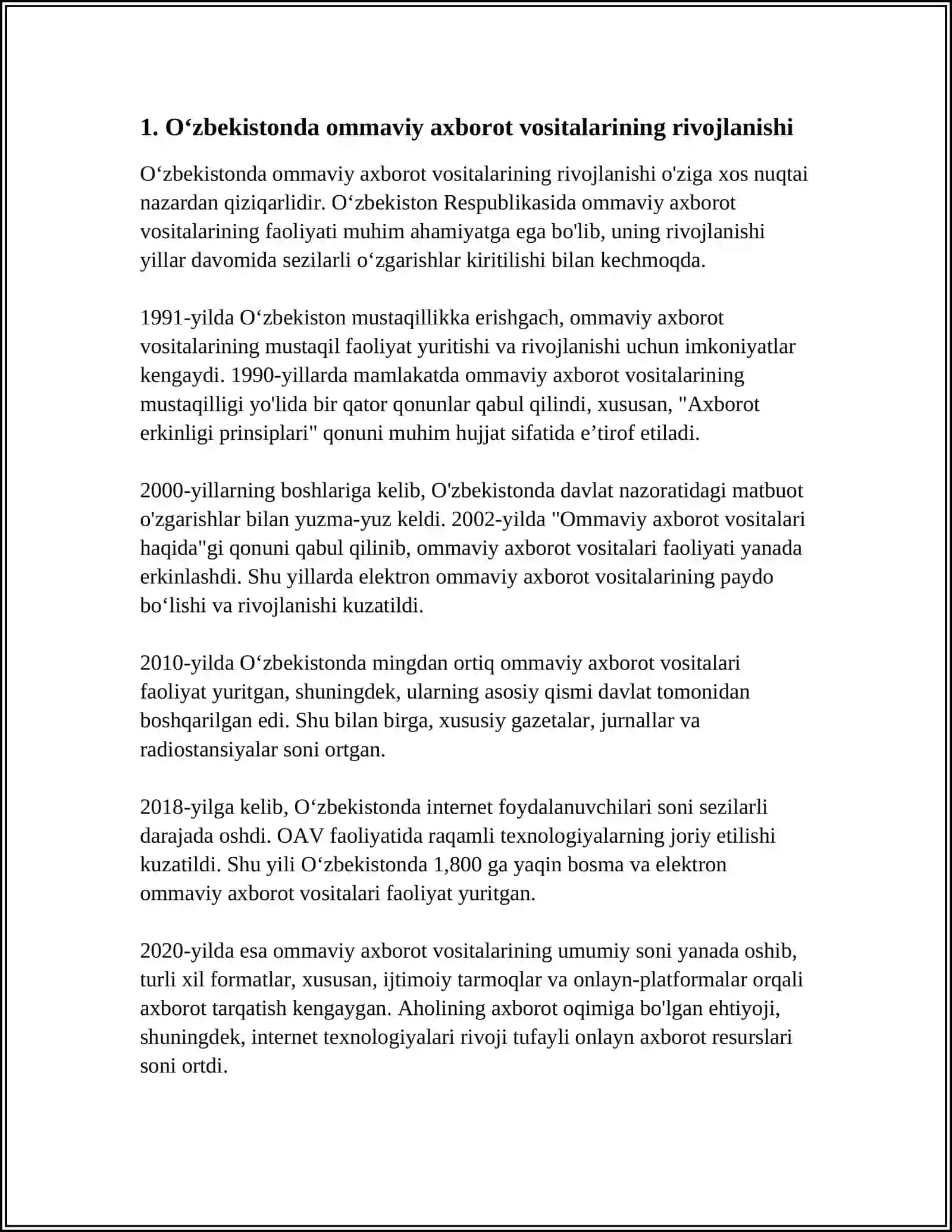 OʻZBEKISTON RESPUBLIKASI OMMAVIY AXBOROT VOSITALARINING FAOLIYATI 4