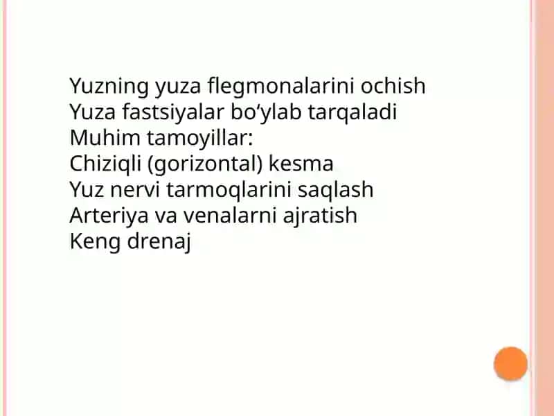 Yuzning yon sohasi klinik anatomiyasi: quloq oldi chaynov sohasi, jag’ orti chuqurchasi, quloq oldi so’lak bezi, yuz nervi va chakka-pastki jag’ bo’g’imining topografiyasi. Yiringli parotitlarni va yuzning yuza flegmonalarini ochish hamda drenajlashni klinik-anatomik asoslari. 4