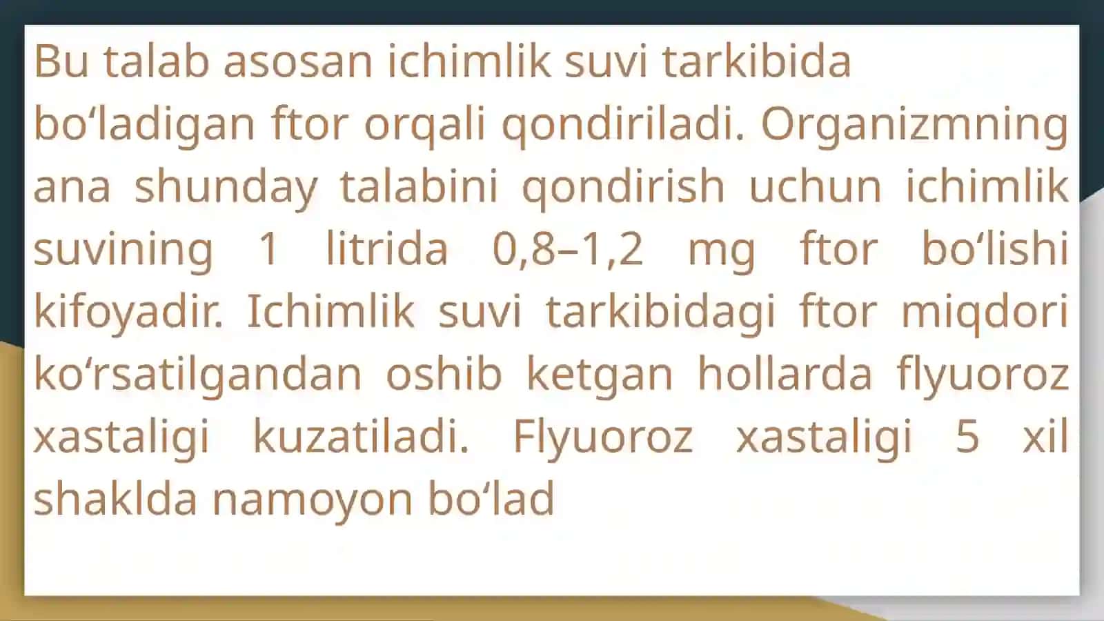 Suv kimyoviy tarkibi bilan bog’liq bo’lgan stomatologik kasalliklar va ularni oldini olishning gigiyenik jihatlari 4