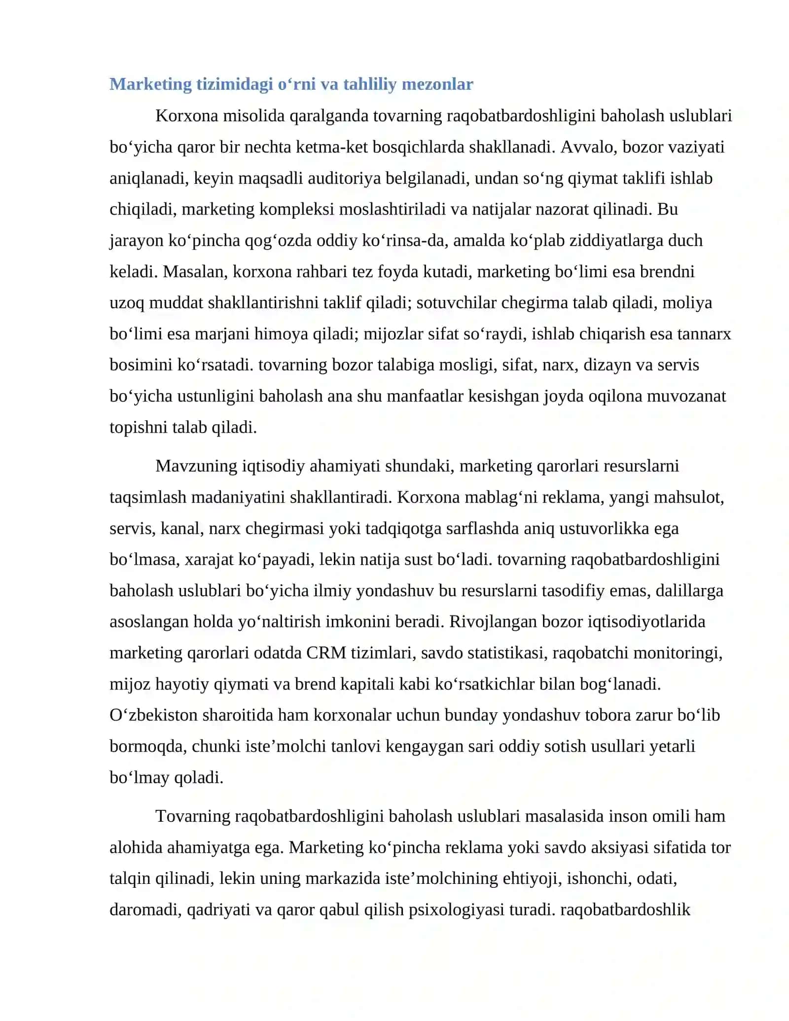 Tovarning raqobatbardoshligini baholash uslublari 4