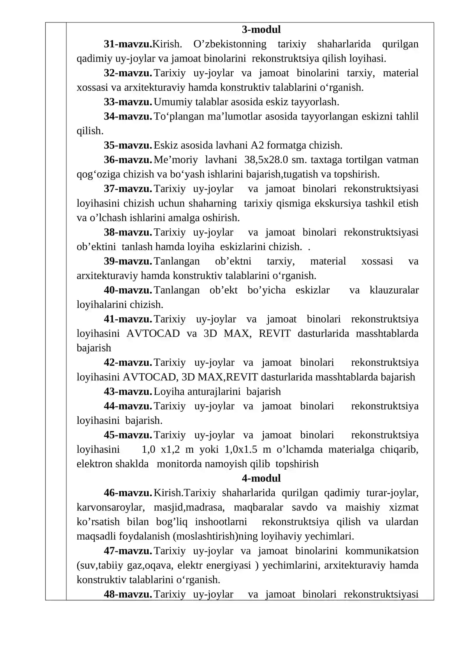 ARXITEKTURA YODGORLIKLARI RESTAVRATSIYASI VA REKONSTRUKTSIYASI FANI O’QUV DASTURI 4