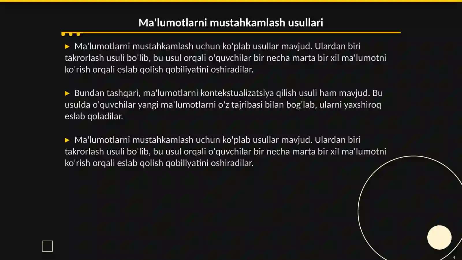 Xotira: ma lumotlarni mustahkamlash vo'llari, usullari, vositalari 4