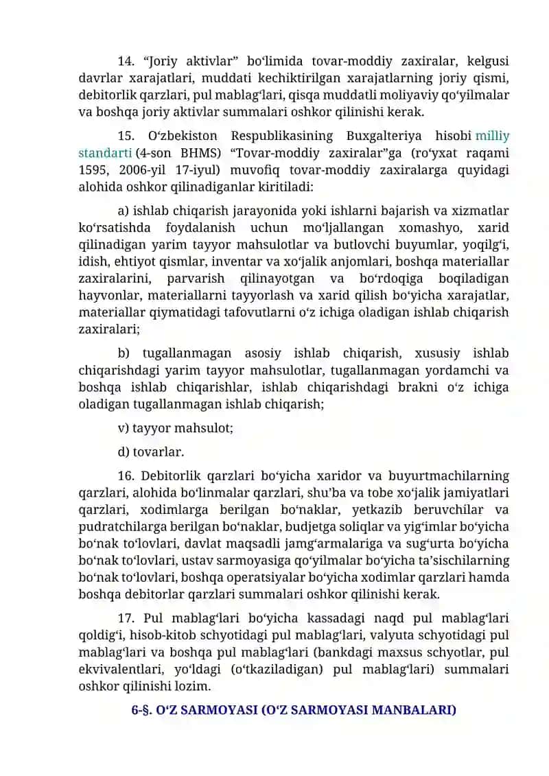 O‘ZBEKISTON RESPUBLIKASI BUXGALTERIYA HISOBI MILLIY STANDARTI (15-SON BHMS) “BUXGALTERIYA BALANSI”NI TASDIQLASH HAQIDA 4