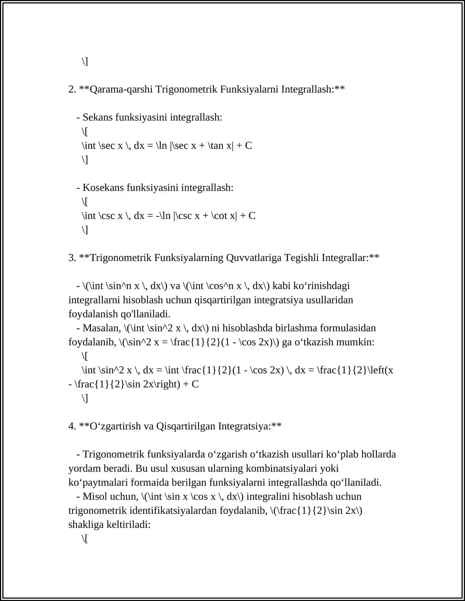 TRIGONOMETRIK FUNKSIYALARINI INTEGRALLASH 4