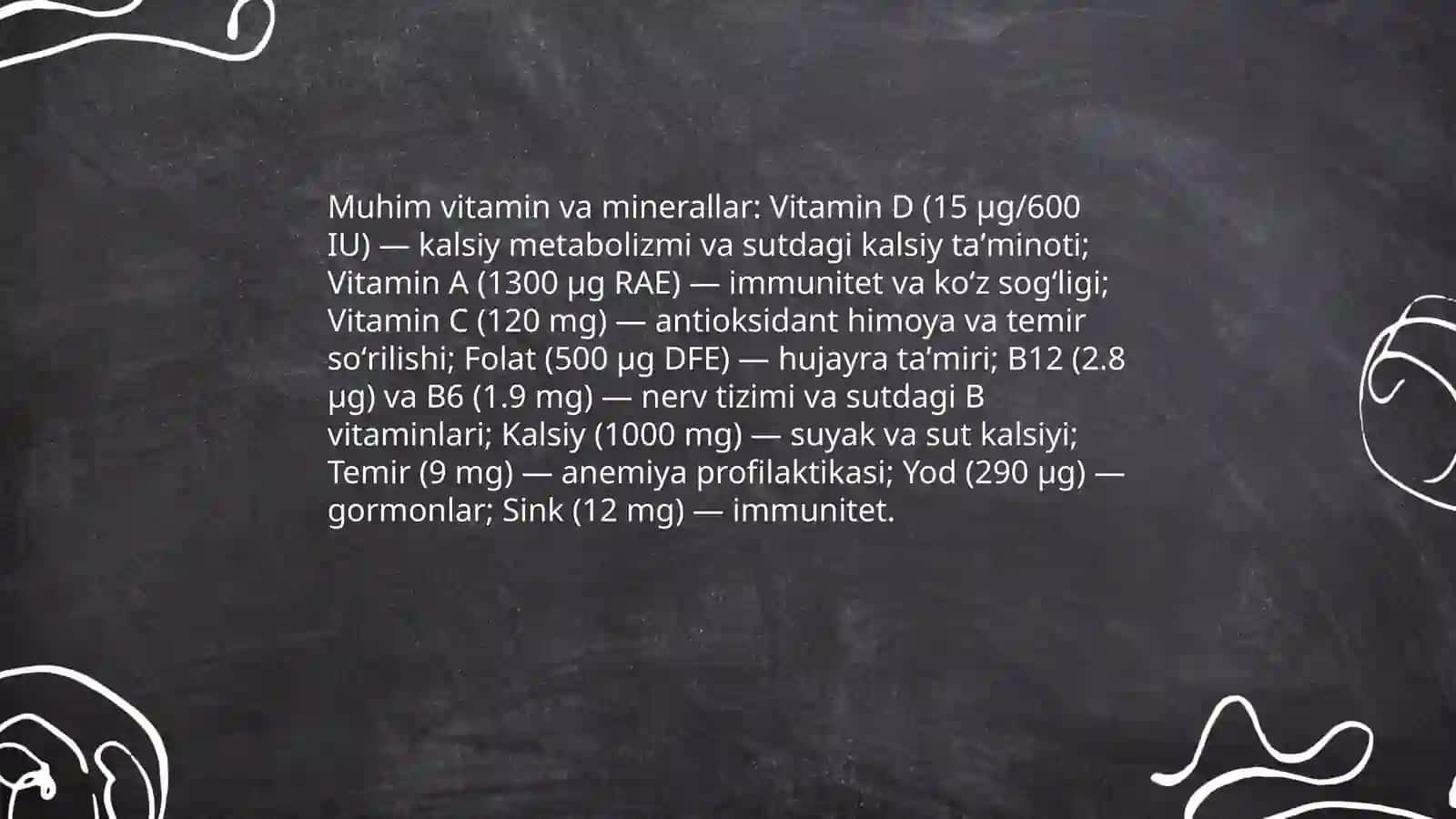Emizikli onalarni ovqatlantirish tartibi qoʻshimcha ovqat kiritish kech kiritish asoratlari 6 oydan 2 yoshgacha bolalarga berish mumkin boʻlmagan mahsulotlar 4