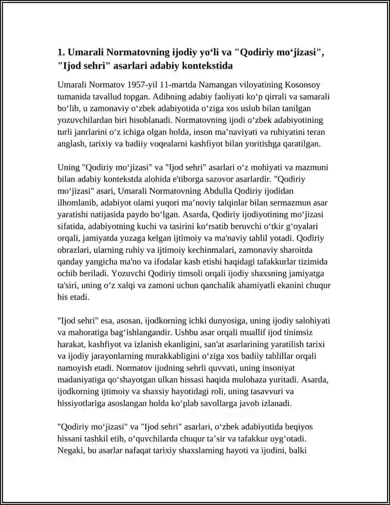 UMARALI NORMATOVNING "QODIRIY MOʻJIZASI"," IJOD SEHRI" ASARLARI TAHLILI 4
