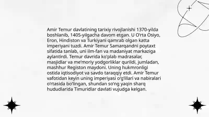 Amir Temur buyuk davlat arbobi xaqida rasmlari bilan slayd kurinishida 4