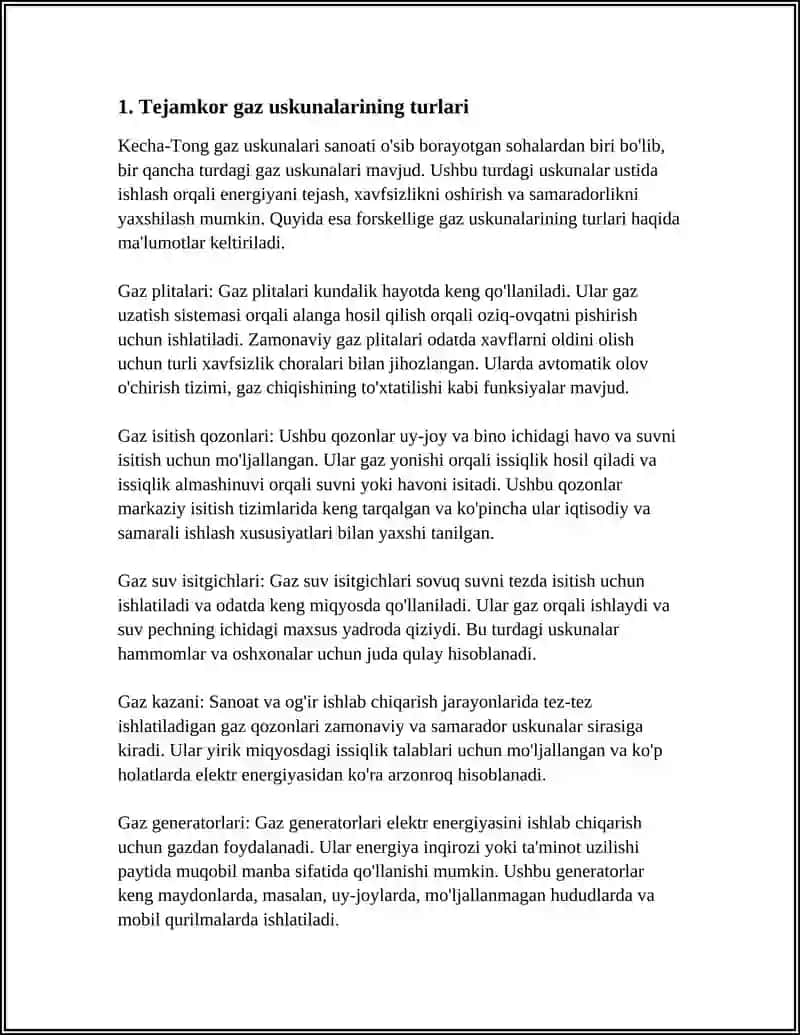 MUSTAQIL ISH Mavzu: ENERGIYA TEJAMKOR GAZ USKUNALARI VA ULARNING QO'LLANILISHI 4