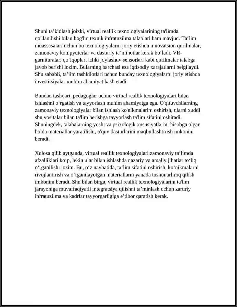 “VIRTUAL REALLIK TEXNOLOGIYASINING ZAMONAVIY TA’LIMDAGI O’RNI VA AHAMIYATI” MAVZUSIDA INDIVIDUAL LOYIHA TUZIB BER 4