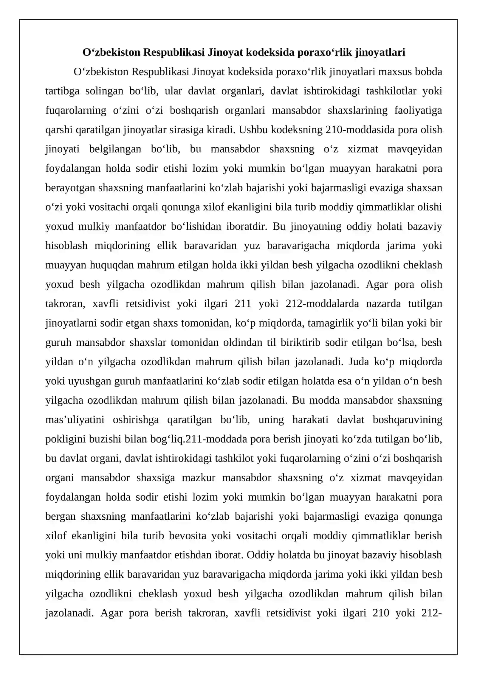 Pora olish, pora berish, pora olish-berishda vositachilik qilish jinoyatlarining huquqiy tahlili 4