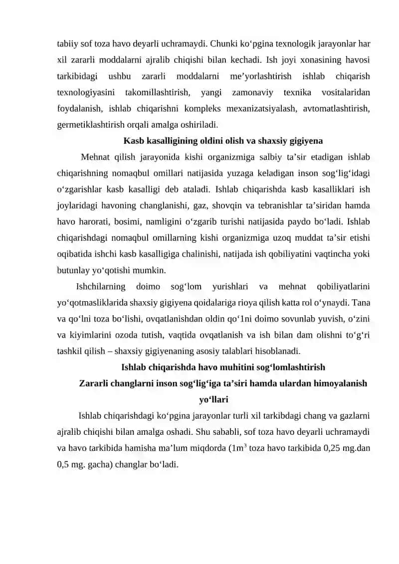 Ishlab chiqarish jarayonida sanitariya-giginiya va texnik xavfsizlik qonun qoidalardan foydalanish usullari 4