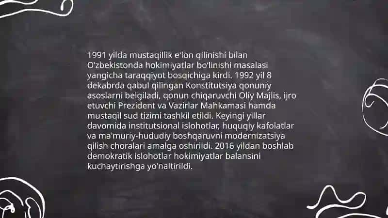 Milliy davlat boshqaruv tizmi mustaqil oʻzbekistonda hokimiyatlar boʻlinish prinspi 4