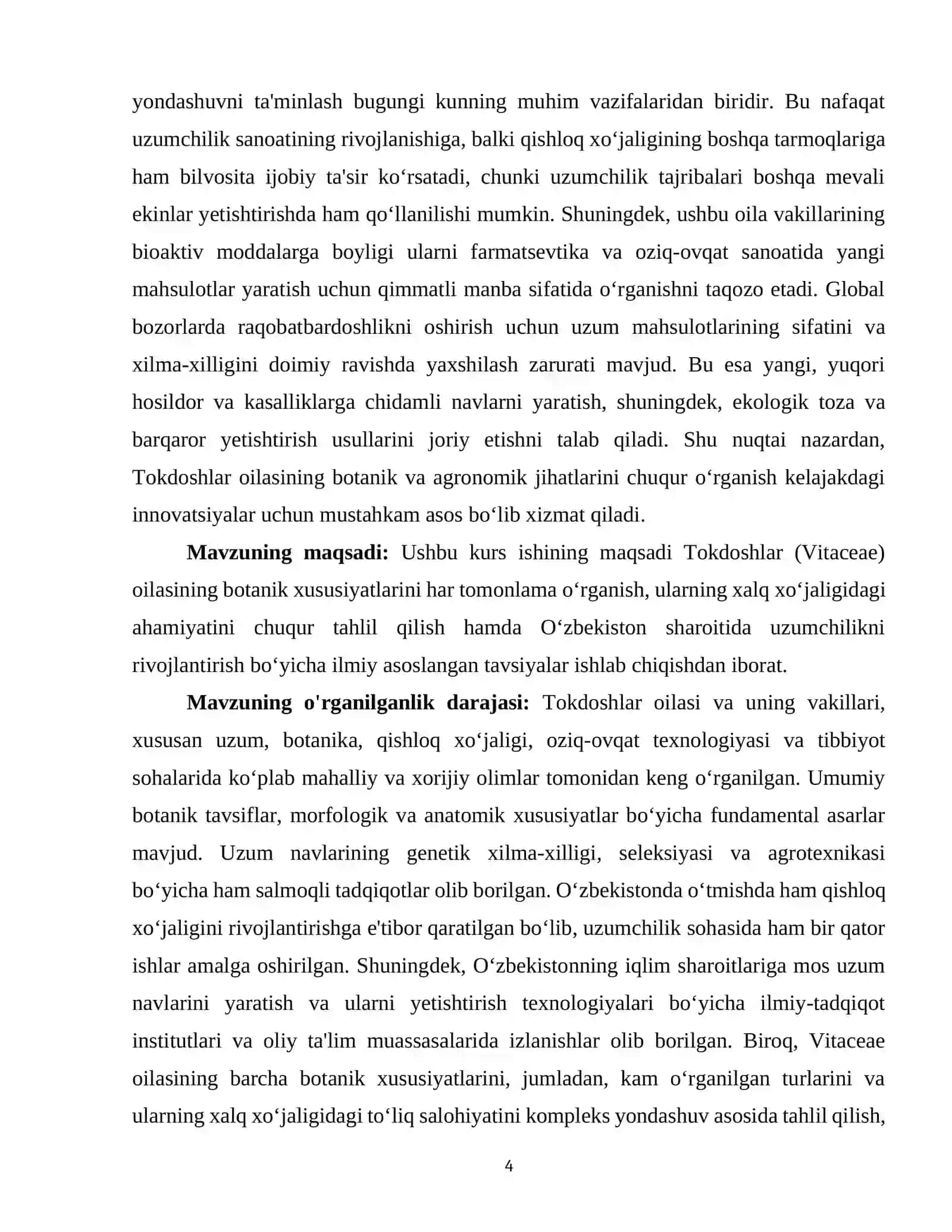Mavzu: "TOKDOSHLAR (VITACEAE) OILASINING BOTANIK TAVSIFI VA XALQ XO'JALIGIDAGI AHAMIYATI" 4