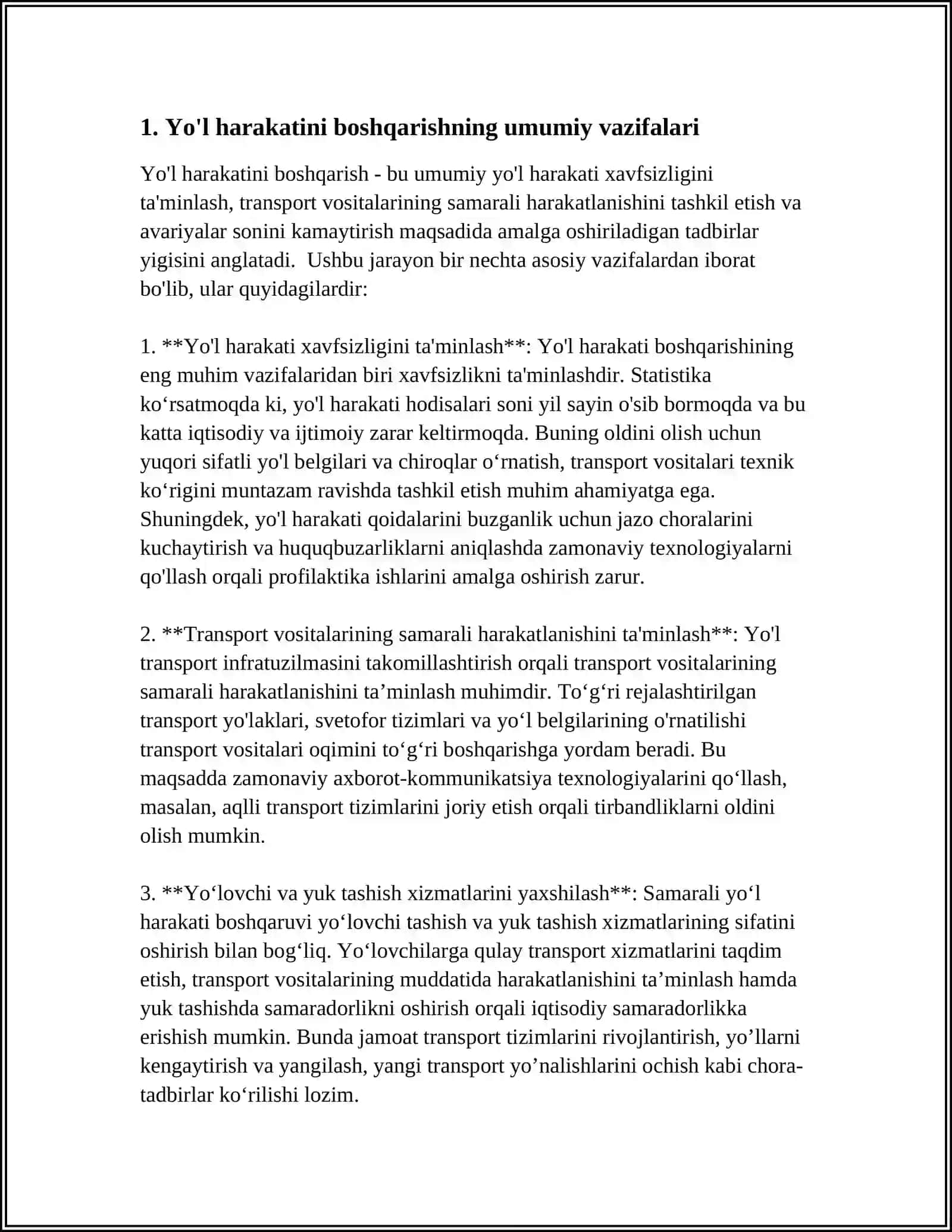 YOʻL HARAKATINI BOSHQARISH VA TASHKIL ETISH BOʻYICHA BARCHA BOSHQARUV VA HUKUMAT ORGANLARINING ASOSIY FUNKSIYALARI VA VAZIFALARI 4