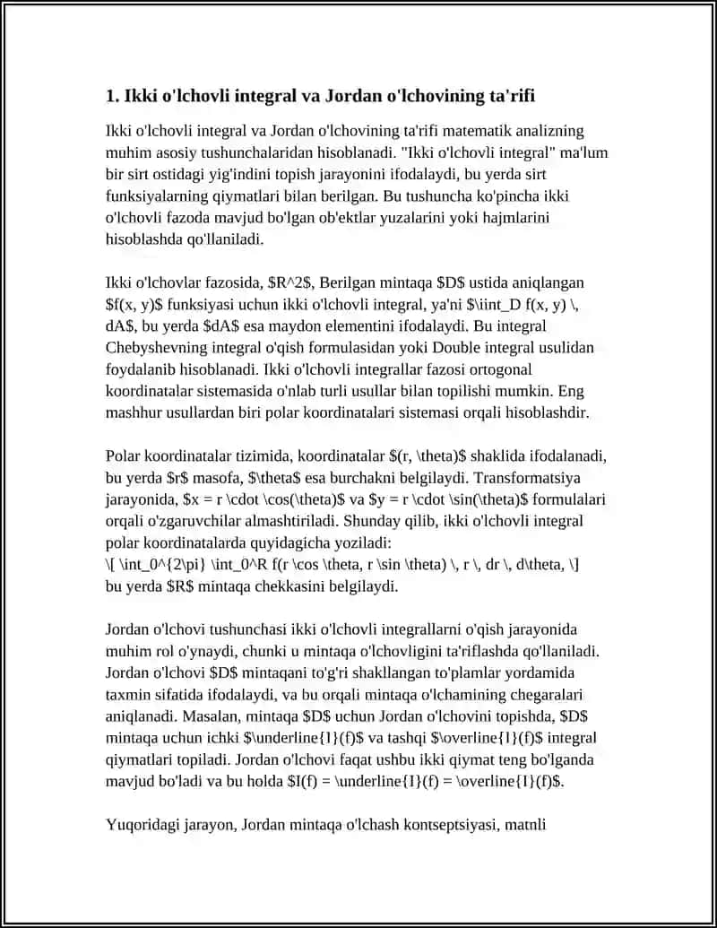 IKKI O’LCHOVLI INTEGRALNI QUTB KOORDINATALAR SISTEMASIDA O’ZGARUVCHILARNI ALMASHTIRIB HISOBLASH. JORDAN O’LCHOVLARI 4