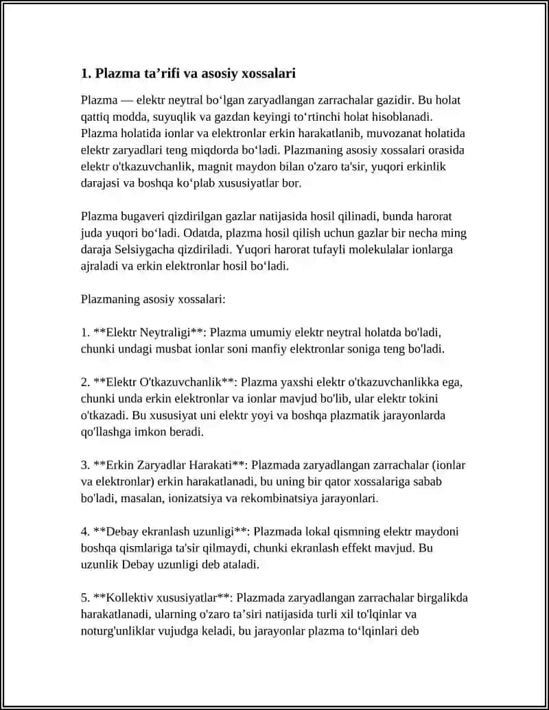 PLAZMA XOSSALARINI VA TAVSIFLARINI OʻRGANISH 4