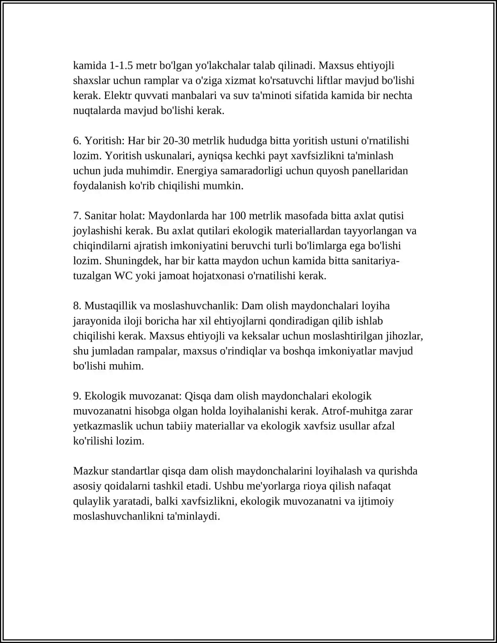 Qisqa Dam Olish Maydonchalari Loyihalash Standartlari 4