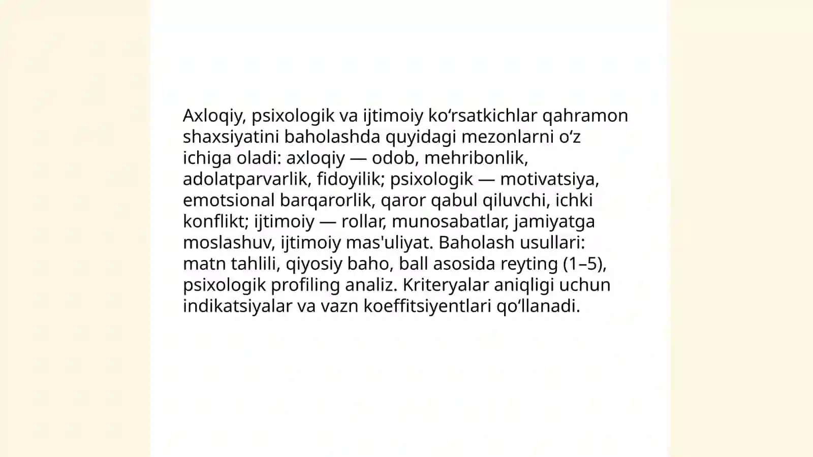 Badiiy asar qahramonlari shaxsiy sifatlarini baxolashning mazmuni, usullari va metodlari 4