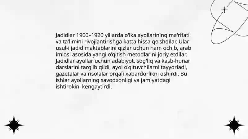 Jadid ma'rifatparvarlarining o'lka ijtimoiy-ma'naviy hayotida tutgan o'rni 4