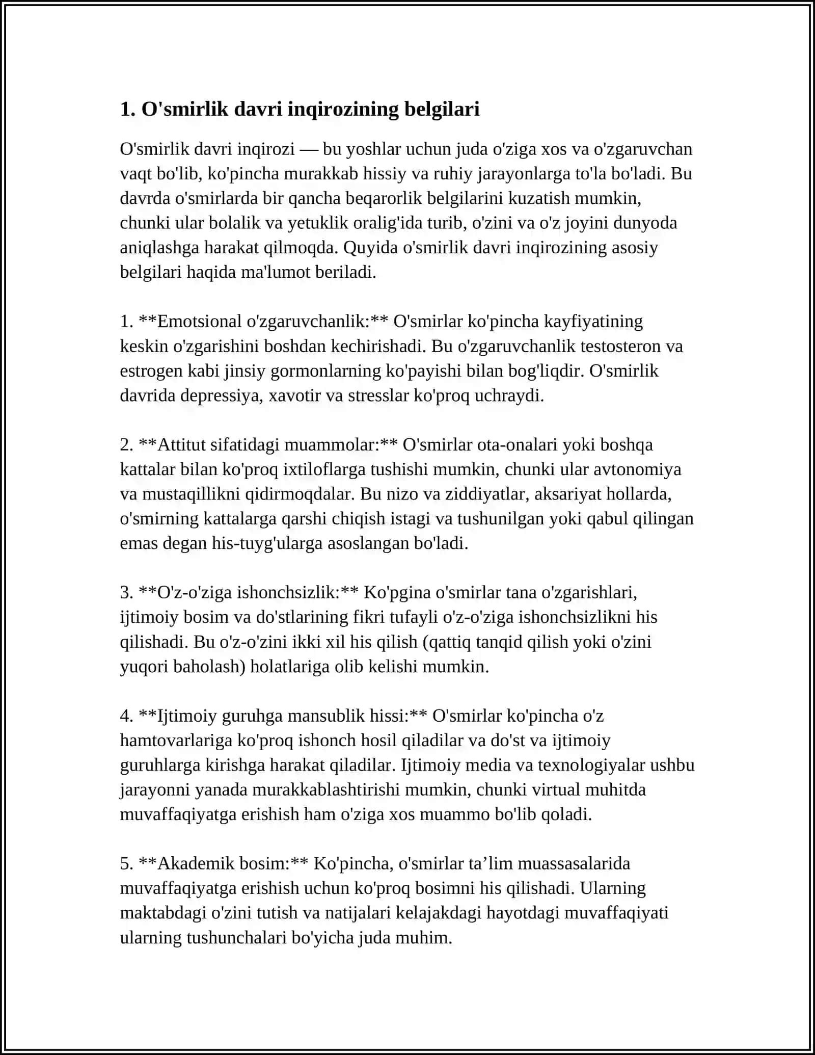 O‘SMIRLIK DAVRI INQIROZI VA UNING PSIXOLOGIK, PSIXOFIZEOLOGIK SABABLARI 4