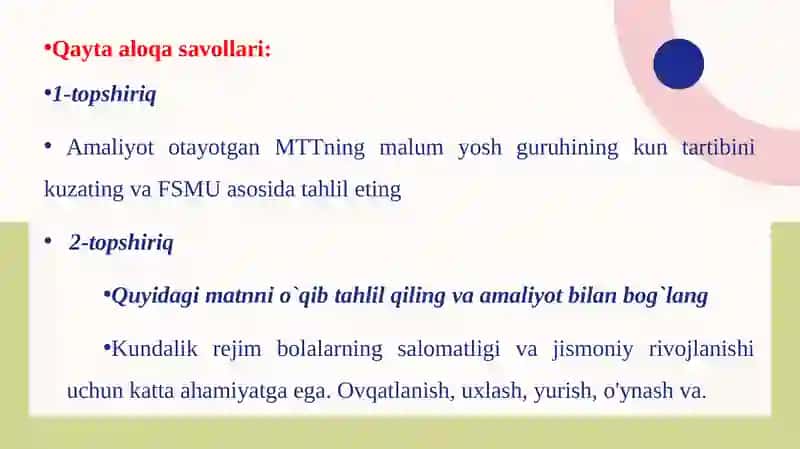 MTTning turli yosh guruhlarida kun tartibini to‘g‘ri tashkil etilganini kuzatish va tahlil qilish 4
