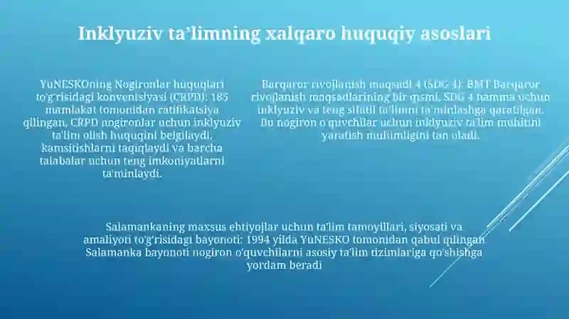 Inklyuziv Ta’Limni Huquqiy Asoslarini Xalqaro Hujjatlarda Tahlil Qilish 4