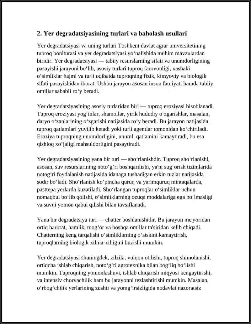 TOSHKENT DAVLAT AGRAR UNIVERSITETI TUPROQ BONITUROFKASI YER DEGREDATSIYASI YOʻNALISHI 25_18 GURUH 4