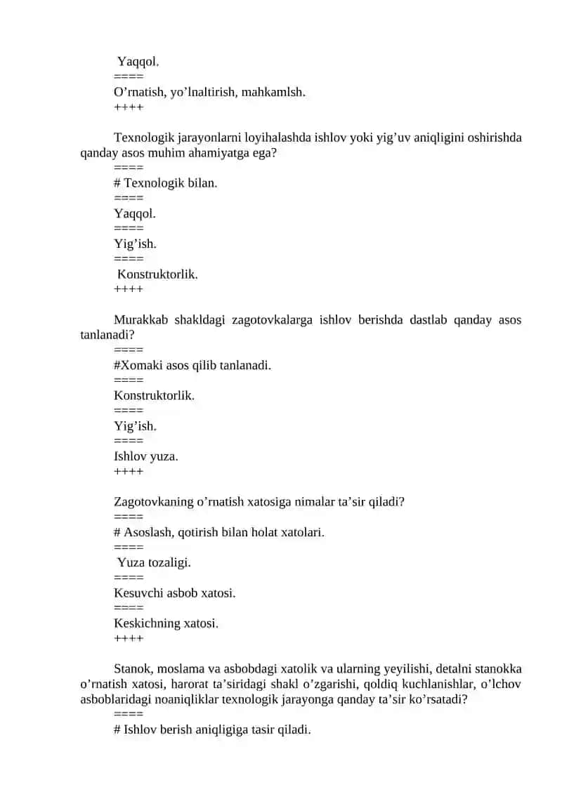 Metallarga ishlov berish usullari bo'yicha test savollari 4