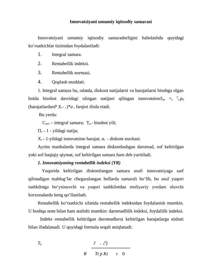 INNOVATSION LOYIHA SAMARADORLIGINI BAHOLASHNING ASOSIY USULLARI VA KO'RSATKICHLARI 4