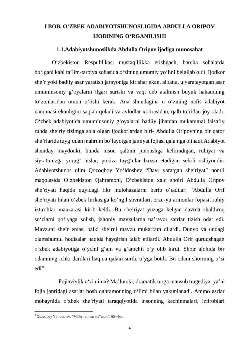“Lirik asarlardagi badiiy san’at turlarini sharhli o‘rganish(Abdulla Oripov ijodi misolida)” 4