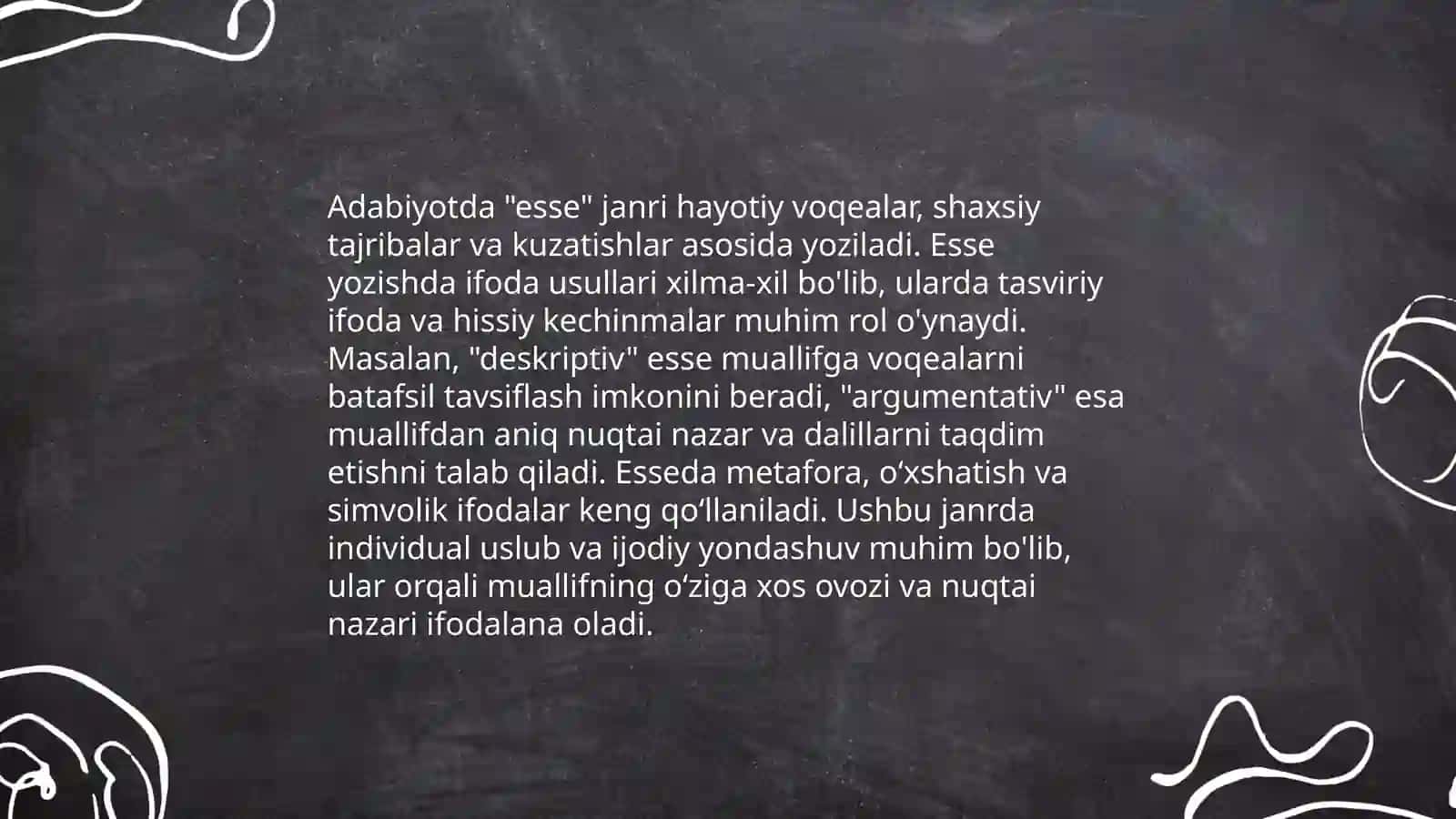 Esse janrining talablari va taʼrifiga koʻra matn va taqdimot tayyorlash 4