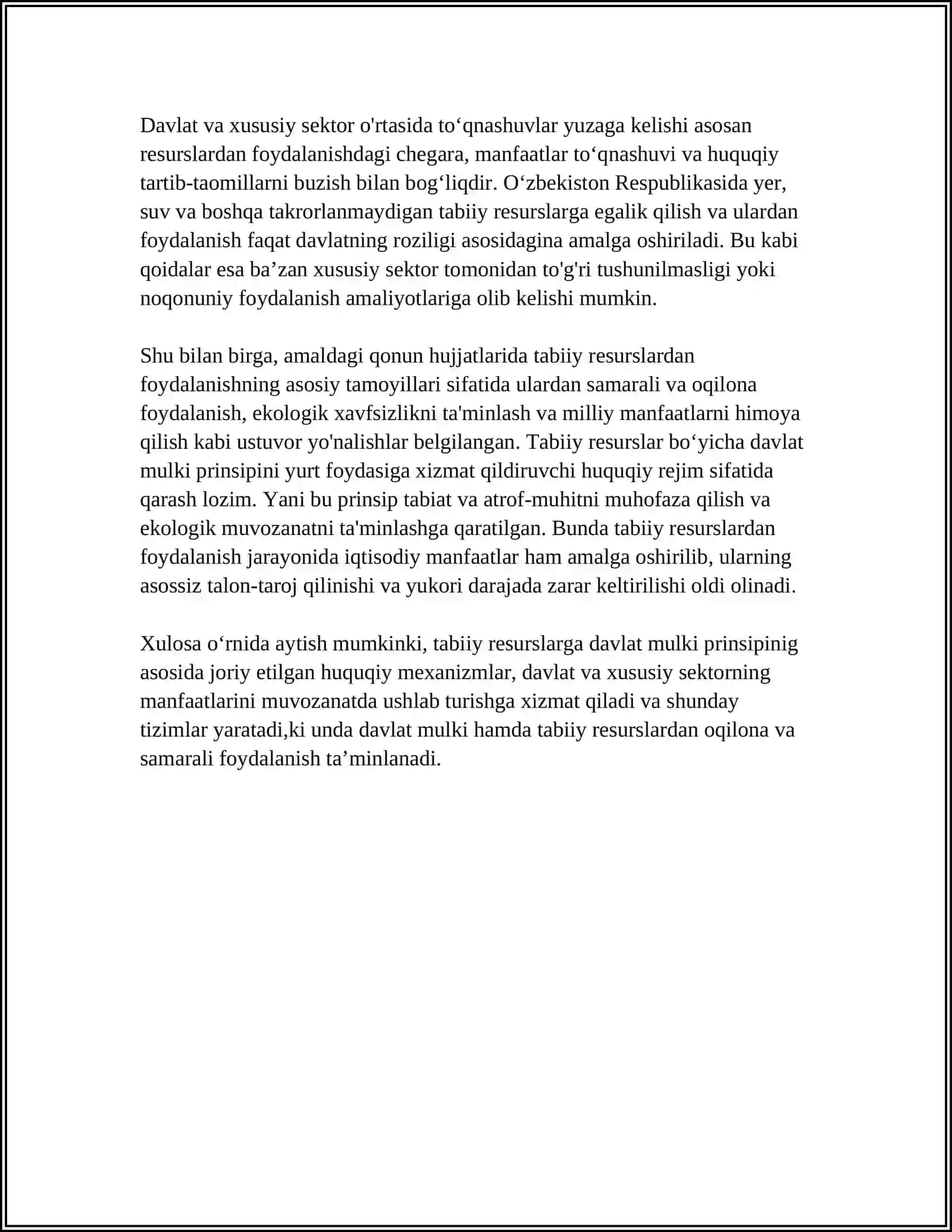 TABIIY RESURSLARGA NISBATAN MULK HUQUQI: DAVLAT VA XUSUSIY MULK TOʻQNASHUVI 4