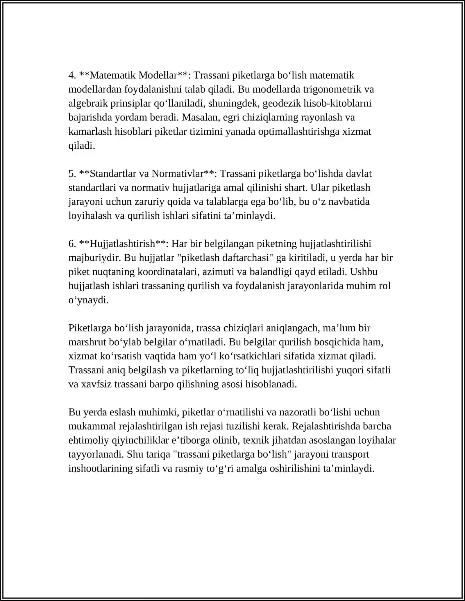 Mavzu: TRASSANI PIKETLARGA BO'LISH VA PIKETLASH DAFTARCHASINI YUTISH 4