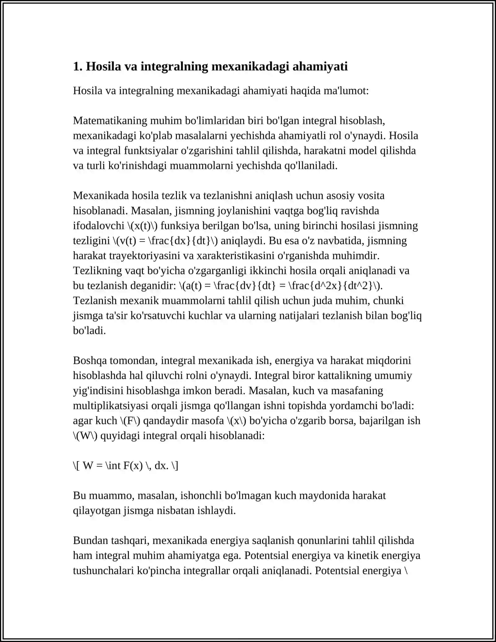HOSILA VA INTEGRALNING FIZIK MASALALARIGA QOʻLLANILISHI HAQIDA. MEXANIKANING ASOSIY TUSHUNCHALARI 4