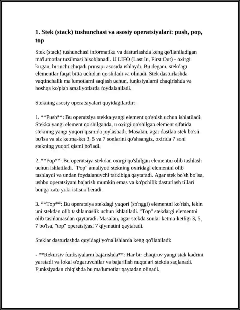 MUSTAQIL ISH Mavzu: STEK. STEKNI MASSIV YORDAMIDA TASVIRLASH VA ULAR USTIDA AMAL BAJARISH ALGORITMLARI 4