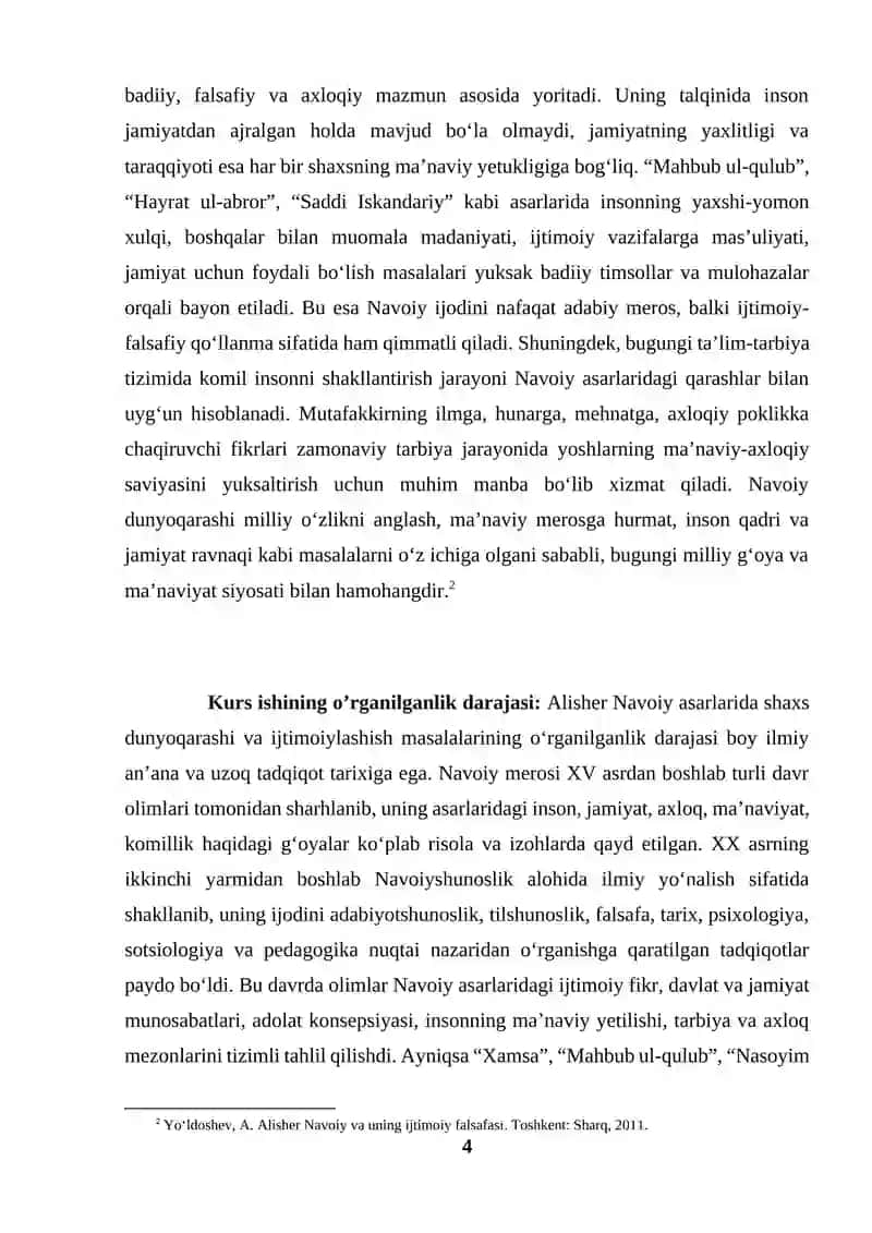 Alisher Navoiy asarlarida shaxs dunyoqarashi va ijtimoiylashish masalalarining yoritilishi (KURS ISHI) 4