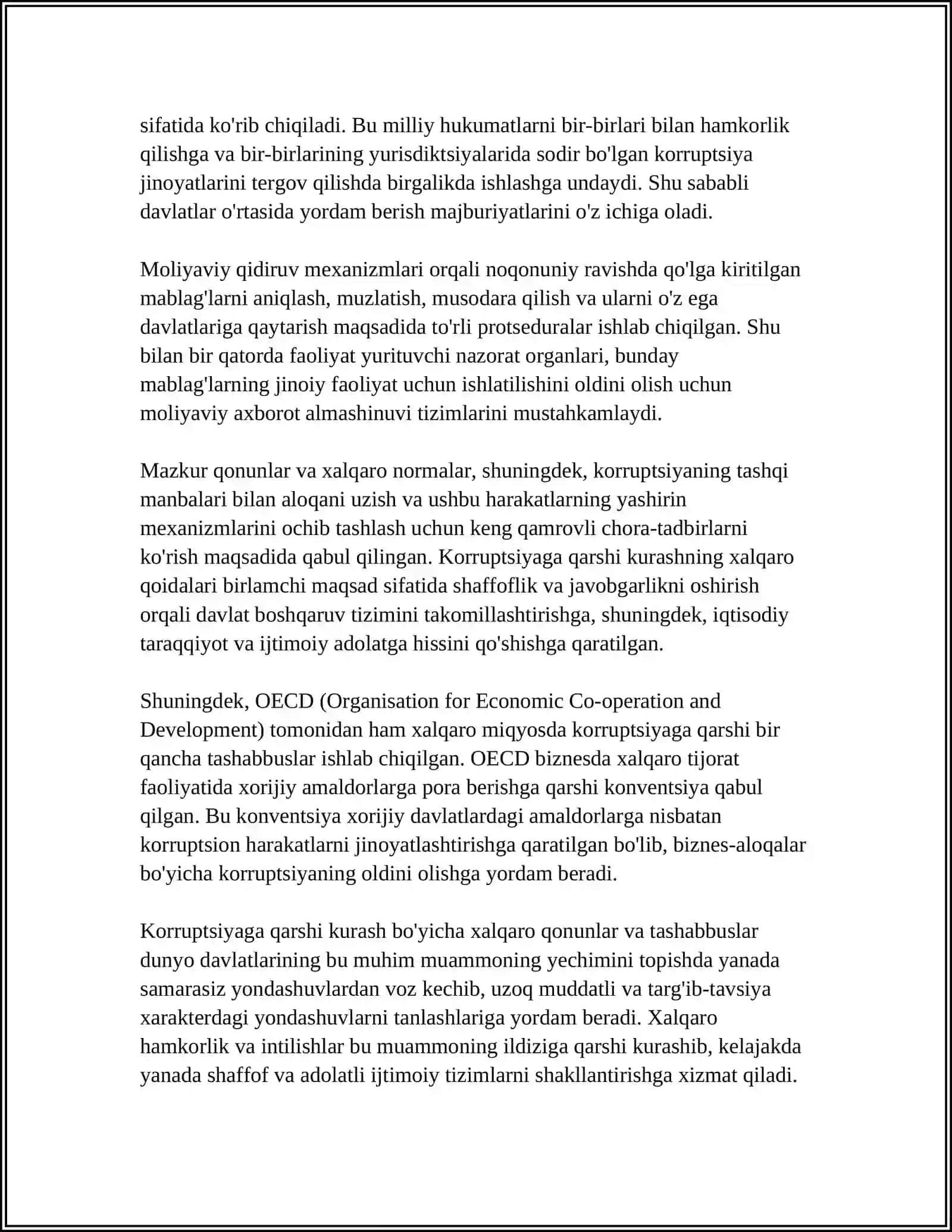 KORRUPSIYAGA QARSHI KURASH BO‘YICHA XALQARO QONUNLAR VA QARORLARNING O‘ZBEKISTONDA RATIFIKATSIYA QILISHNING AHAMIYATI, IQTISODIY-SIYOSIY VA IJTIMOIYHUQUQIY MEXANIZMLARI 4