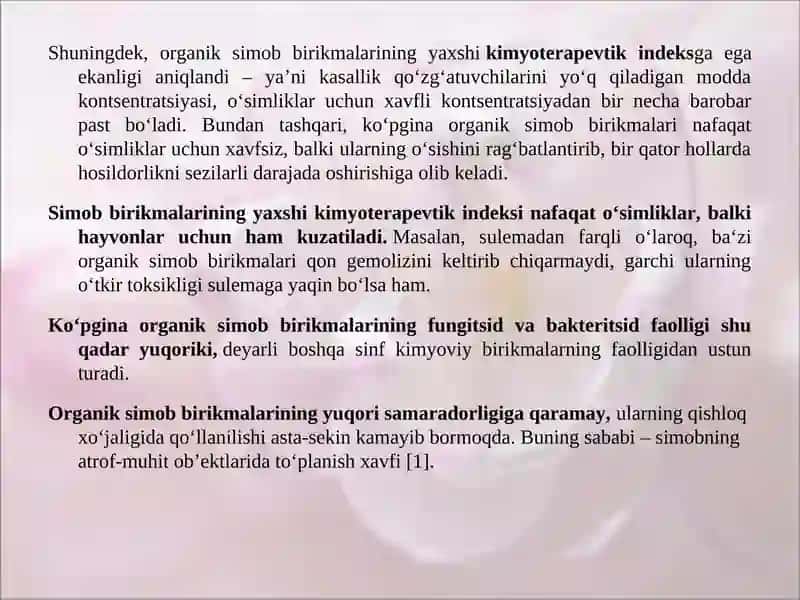 Simob, qo’rg’oshin, surma, vismut, temir, borli organic birikmalar. 4