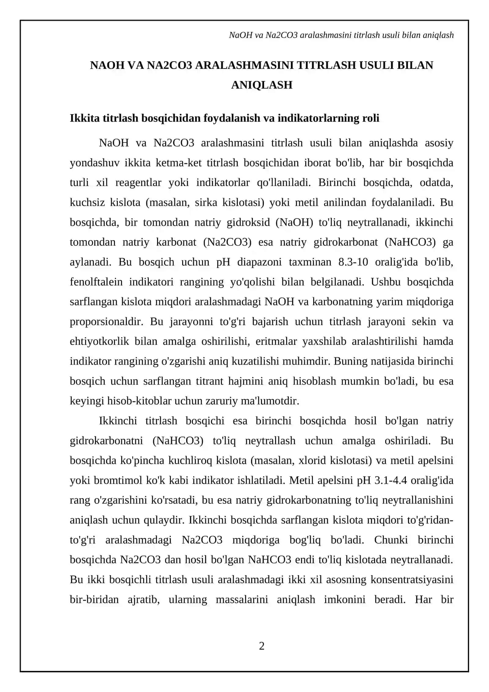 NaOH va Na2CO3 aralashmalarida ularning massalarini kislota-asosli usulida aniqlash 4