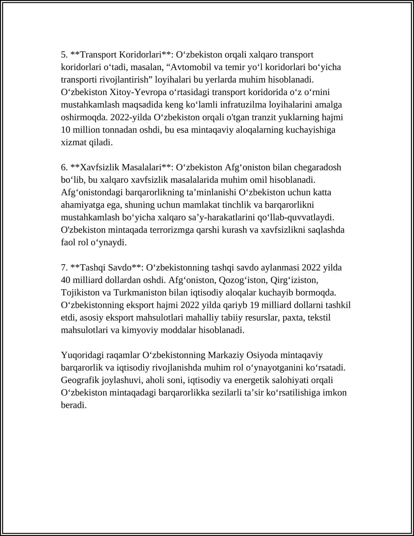 O'ZBEKISTONNING MARKAZIY OSIYODA TINCHLIK VA BARQARORLIKNI TA'MINLASHDAGI O'RNI 4