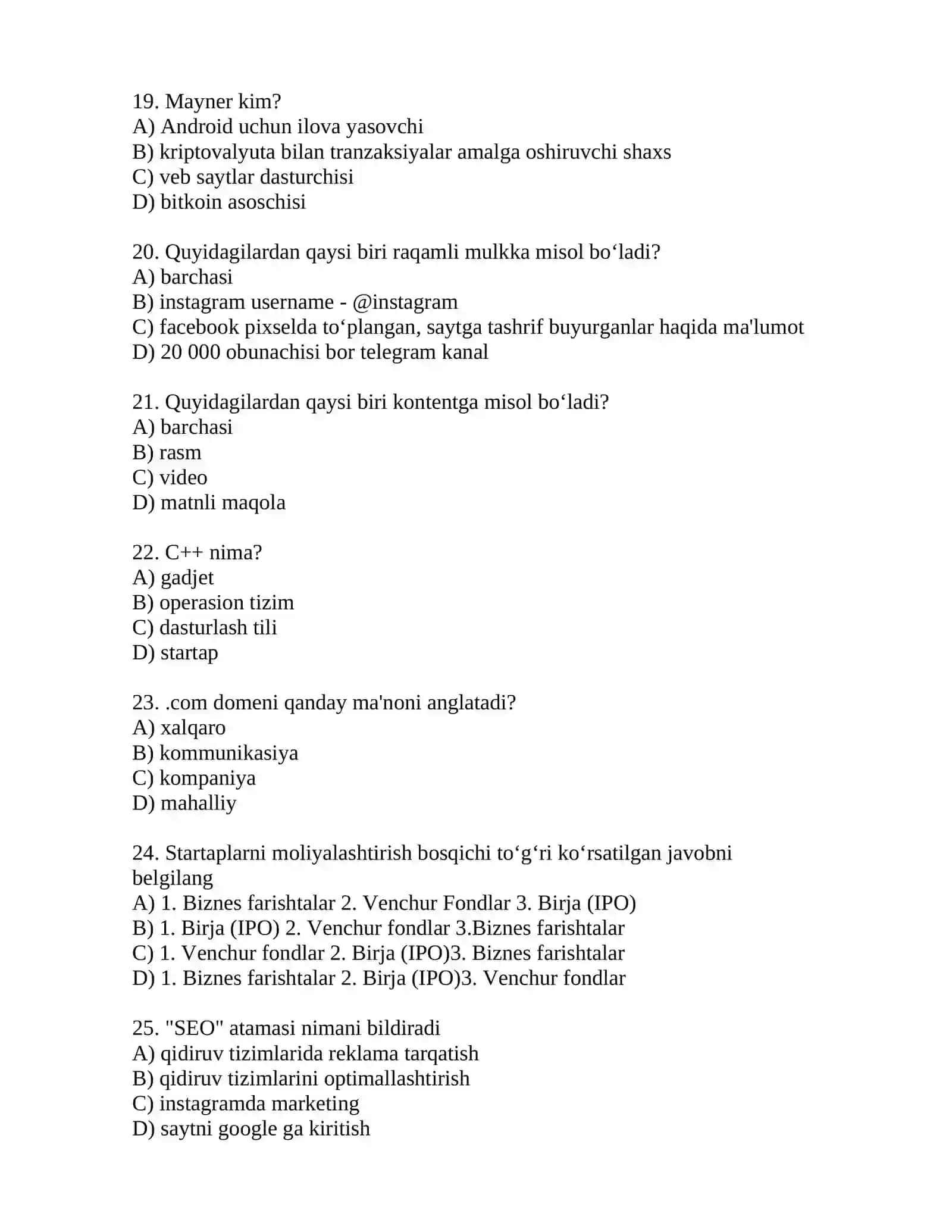 Raqamli iqtisodiyot fanidan test savollari 4