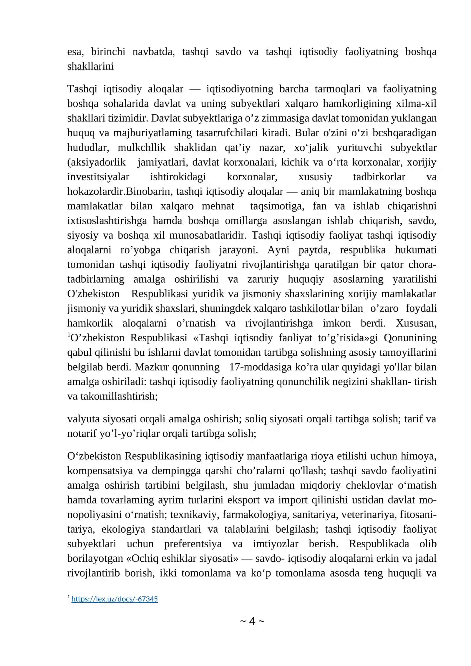 Davlatning tashqi iqtısodıy faolıyatni davlat tomonıdan tartıbga solishKurs ishi 4