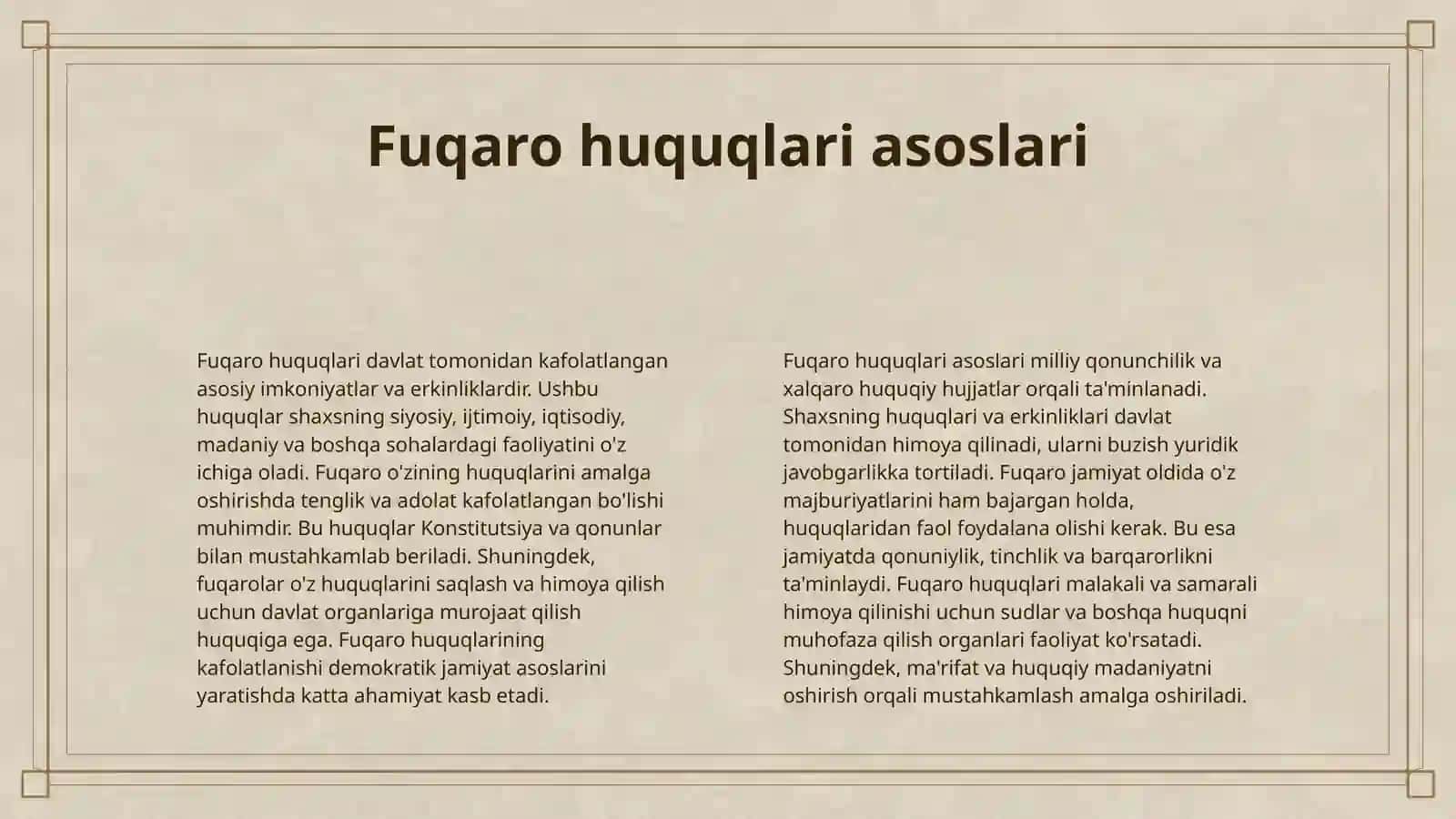 OʻZBEKISTON RESPUBLIKASI FUQAROLARINING KONSTITUTSIYAVIY HUQUQ VA ERKINLIKLARI TUSHUNCHASI 4
