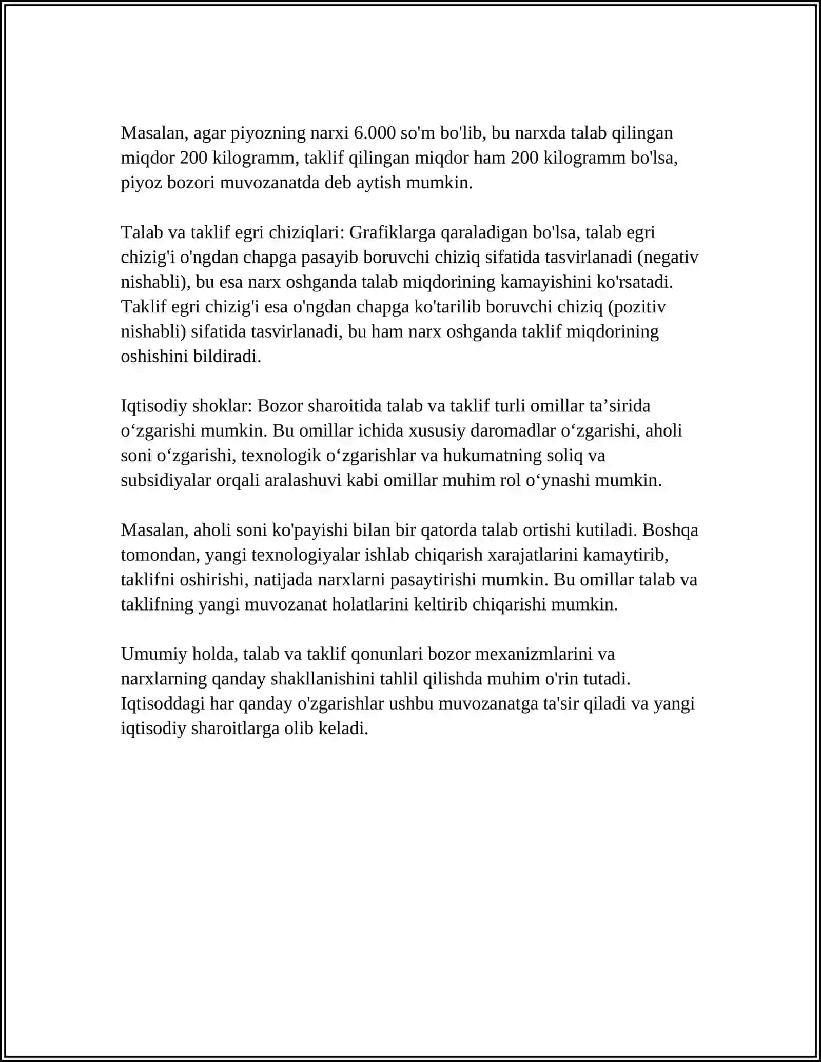 İQTISODIYOT FANIDAN MAVZUSI TALAB VA TAKLIF VA BOZOR MUNOSABATI 4