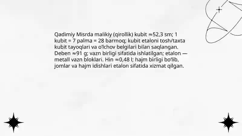 Miqdorlarning qadimiy va turlli xalqlarga oid nosdandart o'lchov birliklari haqida ma'limot yig'ish 4