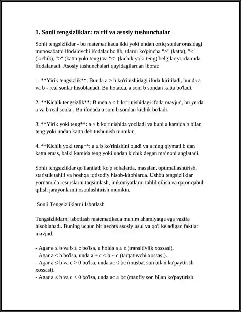 SONLI TENGSIZLIKLAR VA ULARNING XOSSALARI.TENGSZLIKLARNI ISBOTLASH.TENGSIZLIKLARNING TENGLIGI.BIRINCHI VA IKKINCHI DARAJALI TENGSZLIKLARNI YECHISH 4