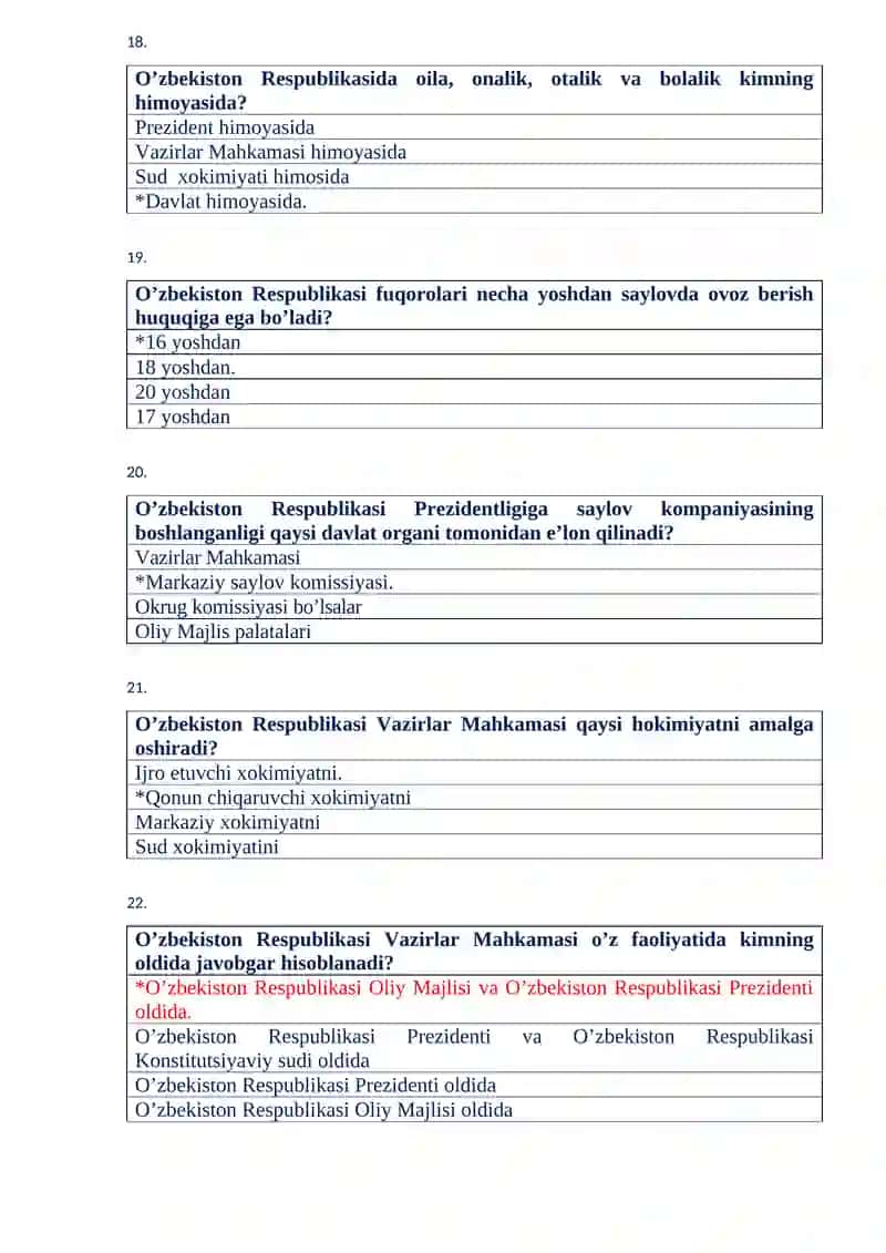 O‘zbekiston Respublikasining yangi tahrirdagi Konstitutsiyasini o‘rganish bo‘yicha tayyorlangan test savollari 4