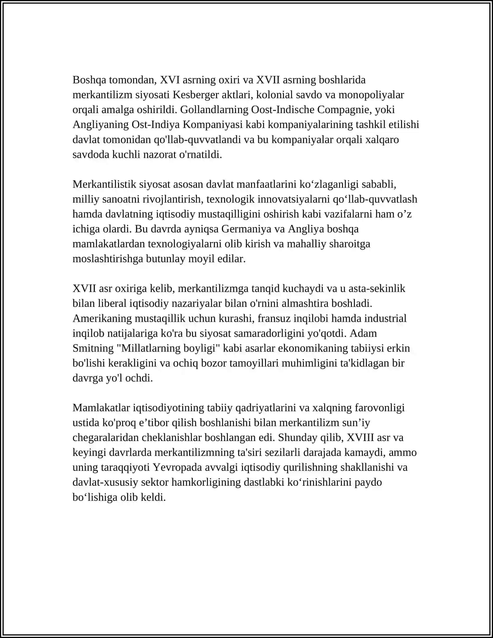 YEVROPADA MERKANTILIZM VA KLASSIK IQTISODIY MAKTABNING VUJUDGA KELISHI REFERAT 4