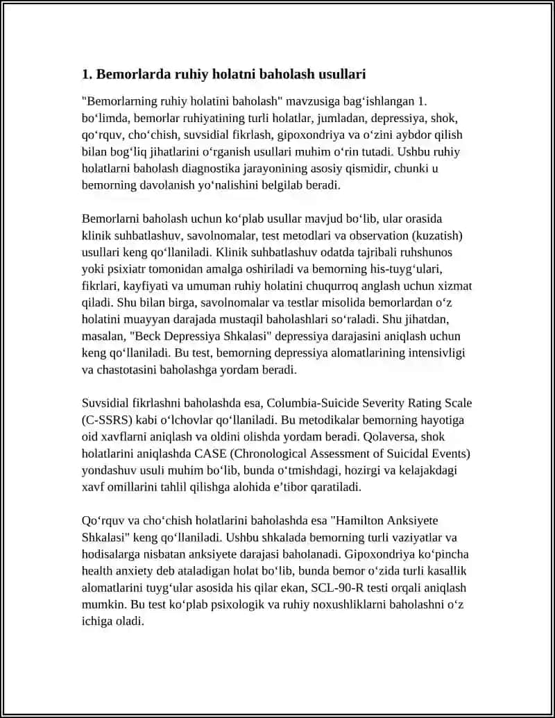 BEMORLARNING RUHIY HOLATI,DEPRESSIYA,SHOK,QO'RQUV,CHO'CHISH,SUVSIDIYAL FIKRLASH,IPOXONDRIYA,O'ZINI AYBDOR QILISH 4