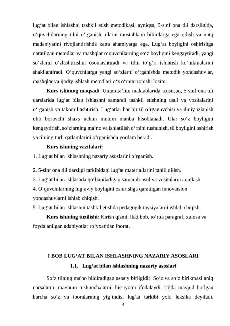 Umumta'lim maktablarida lug'at bilan ishlashni tashkil etish metodikasi (5-sinf ona tili darslari misolida) 4